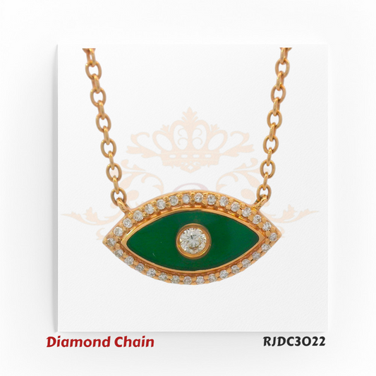 14kt gold Evil Eye diamond necklace with green enamel and center diamond, surrounded by VS1/VS2 F–G color diamonds, product code RJDC3022, total weight 2.95 grams, diamond weight 0.11 carats.