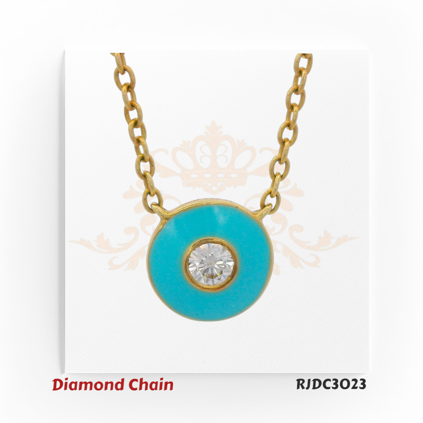 14kt yellow gold chain with turquoise blue enamel pendant featuring a round diamond center – RJDC3023