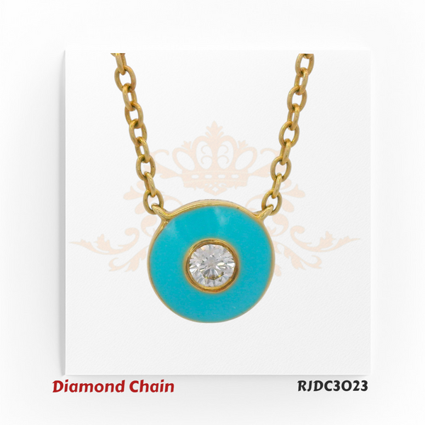 14kt yellow gold chain with turquoise blue enamel pendant featuring a round diamond center – RJDC3023