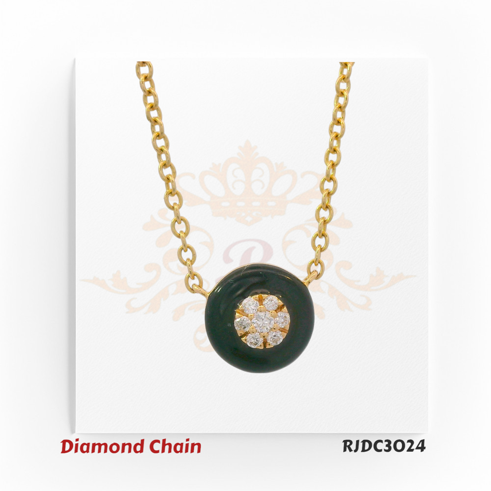 14kt yellow gold chain with black enamel round floral diamond pendant – RJDC3024