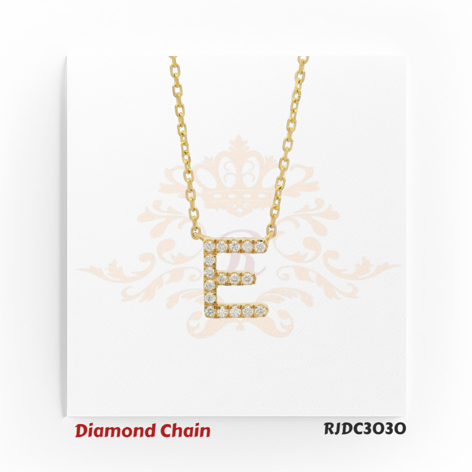 Sophisticated yellow gold necklace featuring a bold “E”-shaped pendant, beautifully set with sparkling round-cut white diamonds. Suspended from a classic gold link chain, model RJDC3030 exudes elegance and refined style.