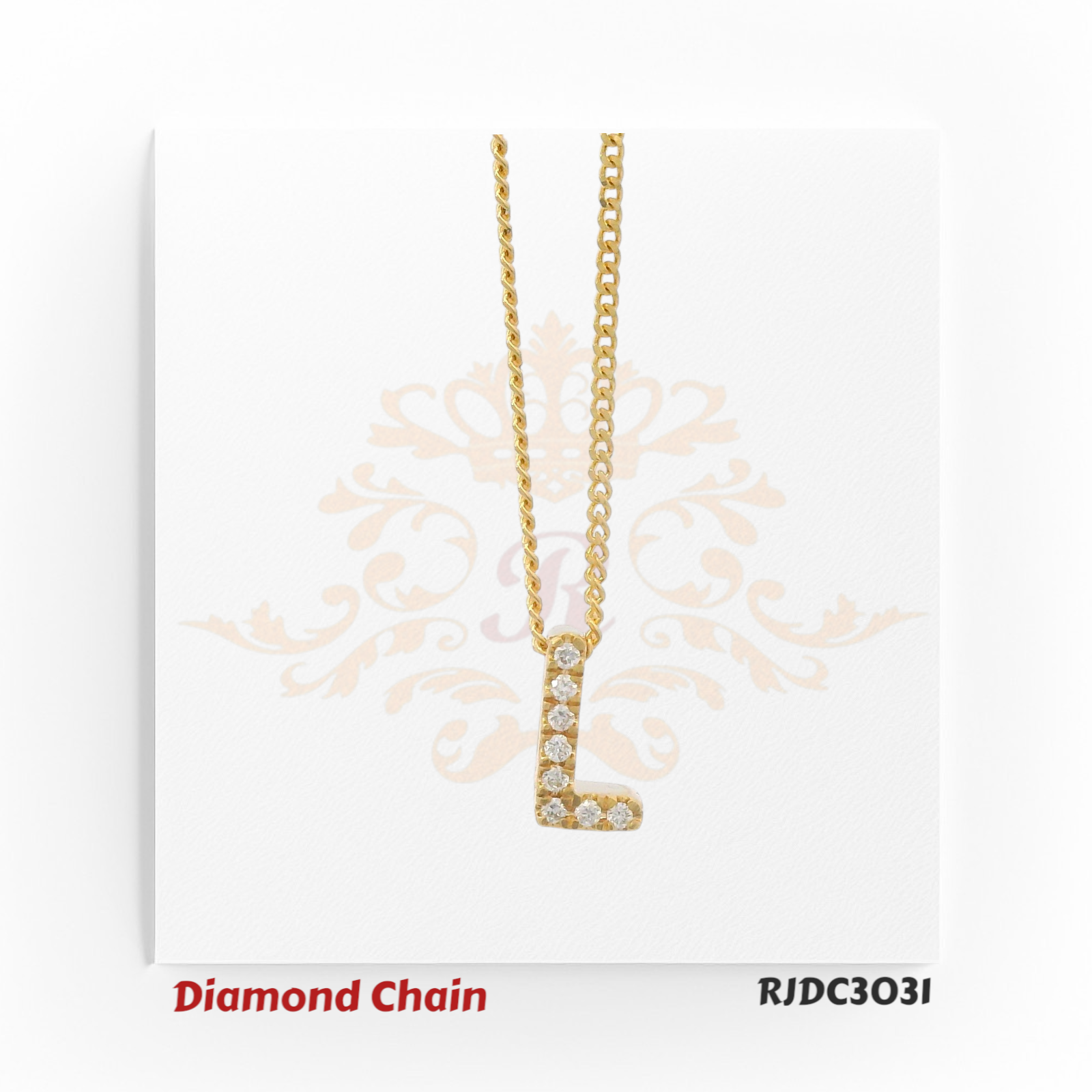 Graceful yellow gold necklace with an “L”-shaped pendant, beautifully accented with sparkling round-cut diamonds. Suspended from a twisted gold chain, model RJDC3031 embodies refined elegance and timeless charm.