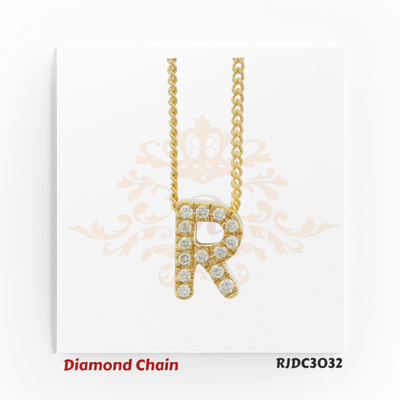 Radiant yellow gold necklace showcasing an “R”-shaped pendant, fully set with shimmering round-cut diamonds. Hung from a twisted gold rope chain, model RJDC3032 offers classic style with luxurious sparkle.