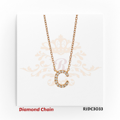 Sophisticated rose gold necklace with a “C”-shaped pendant, beautifully set with sparkling round-cut diamonds. Suspended from a matching rose gold link chain, model RJDC3033 radiates elegance and modern charm.