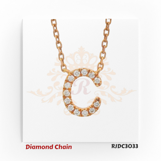 Refined rose gold diamond chain featuring a pendant in the shape of the letter "C", adorned with brilliant round-cut diamonds. The pendant hangs from a rose gold link chain and is set against a white background with an elegant crown and floral motif. Model number RJDC3033 is displayed at the bottom.