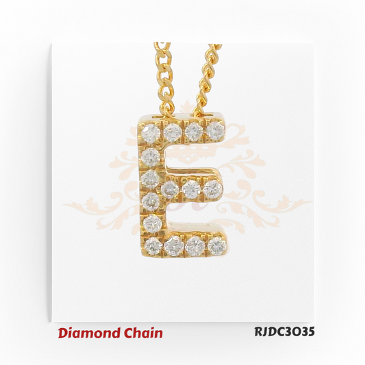 Chic yellow gold diamond chain featuring a bold pendant in the shape of the letter "E", adorned with brilliant round-cut diamonds. The pendant is suspended from a twisted rope-style gold chain and set against a white background with a delicate crown and floral design. Model number RJDC3035 is noted at the bottom.