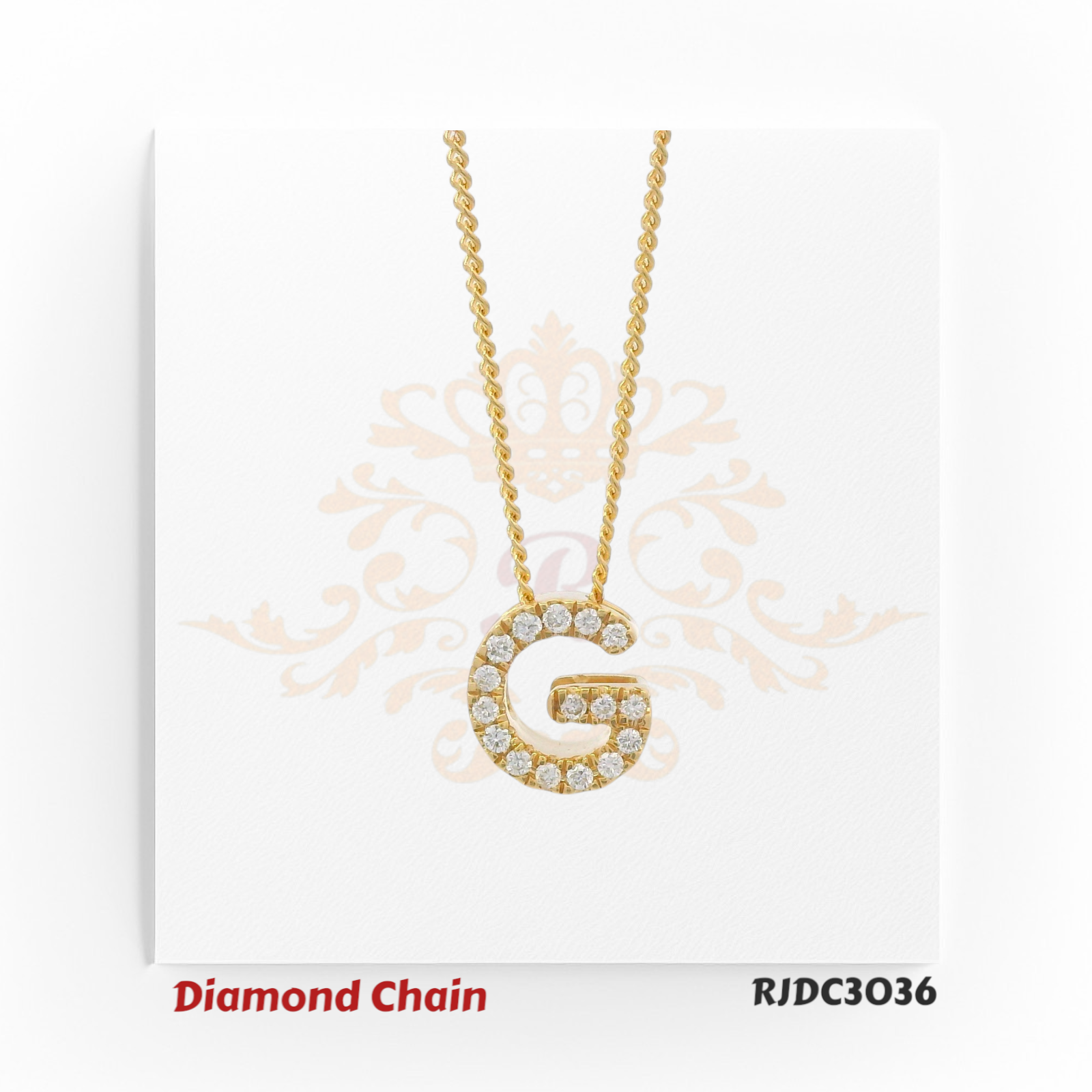 Opulent yellow gold necklace showcasing a “G”-shaped pendant, fully adorned with dazzling round-cut diamonds. Paired with a classic rope-style gold chain, model RJDC3036 radiates sophistication and timeless allure.