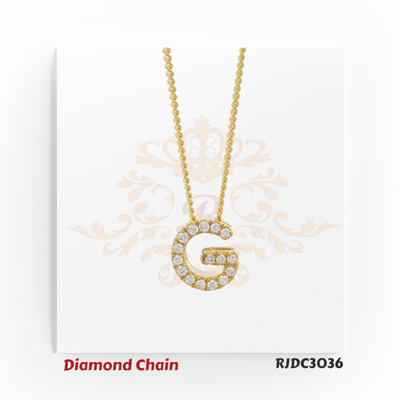 Opulent yellow gold necklace showcasing a “G”-shaped pendant, fully adorned with dazzling round-cut diamonds. Paired with a classic rope-style gold chain, model RJDC3036 radiates sophistication and timeless allure.