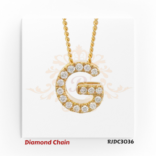 Luxurious yellow gold diamond chain featuring a pendant shaped like the letter "G", encrusted with sparkling round-cut diamonds. The pendant hangs from a classic rope-style gold chain, set against a soft white background with an elegant crown and floral watermark. Model number RJDC3036 is displayed at the bottom.