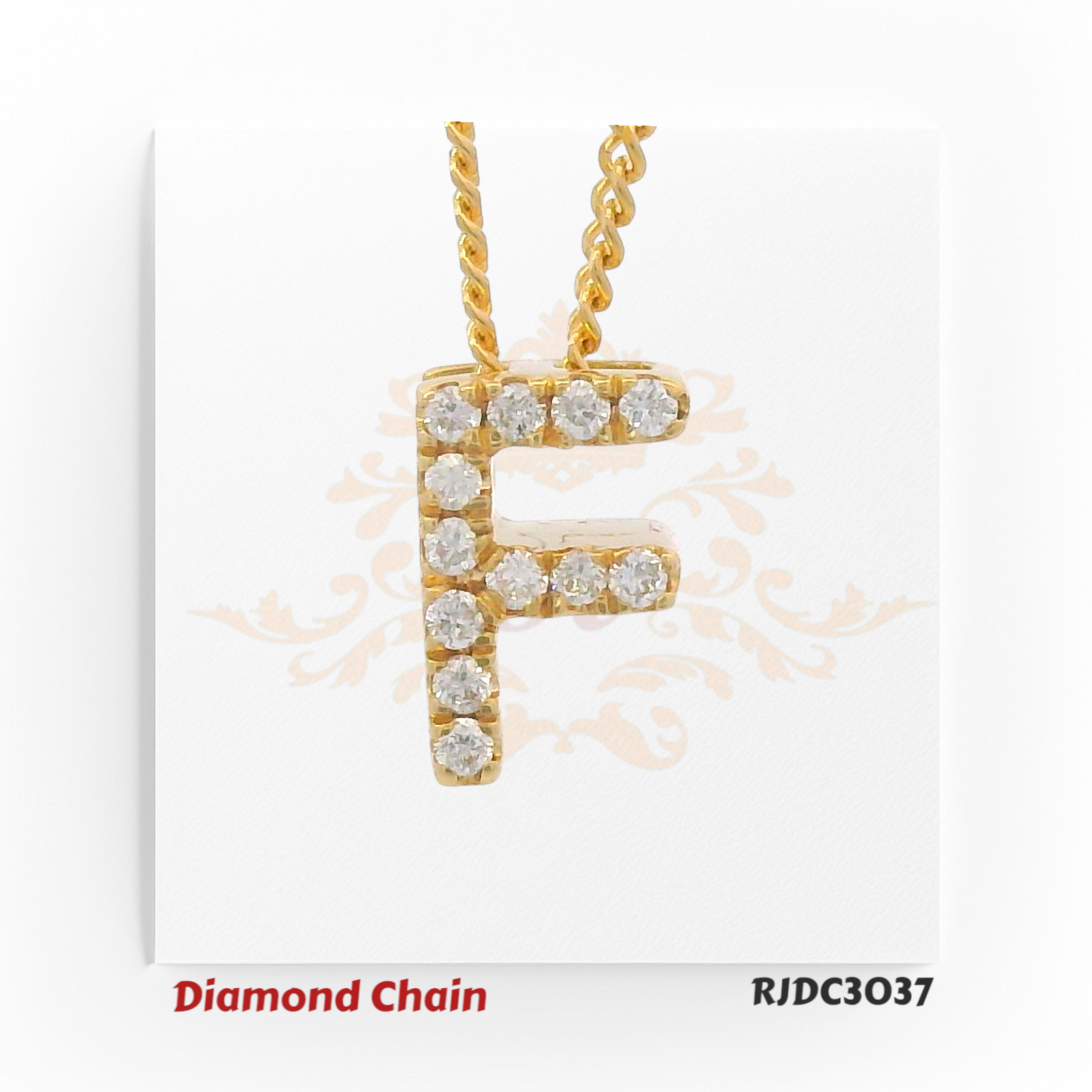 Elegant yellow gold diamond chain featuring a pendant shaped like the letter "F", encrusted with sparkling round-cut diamonds. The pendant is suspended from a twisted rope-style gold chain, displayed on a white background with a subtle crown and floral design. Model number RJDC3037 is shown at the bottom.
