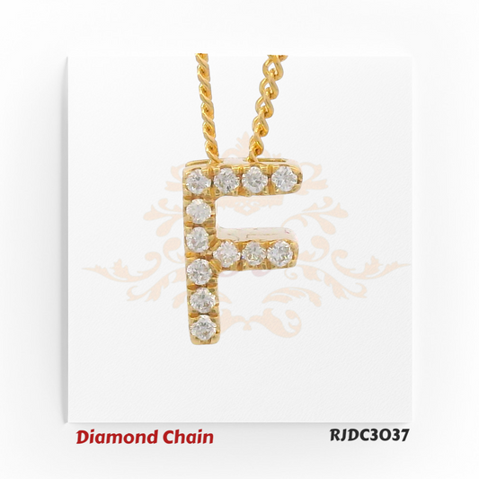 Elegant yellow gold diamond chain featuring a pendant shaped like the letter "F", encrusted with sparkling round-cut diamonds. The pendant is suspended from a twisted rope-style gold chain, displayed on a white background with a subtle crown and floral design. Model number RJDC3037 is shown at the bottom.