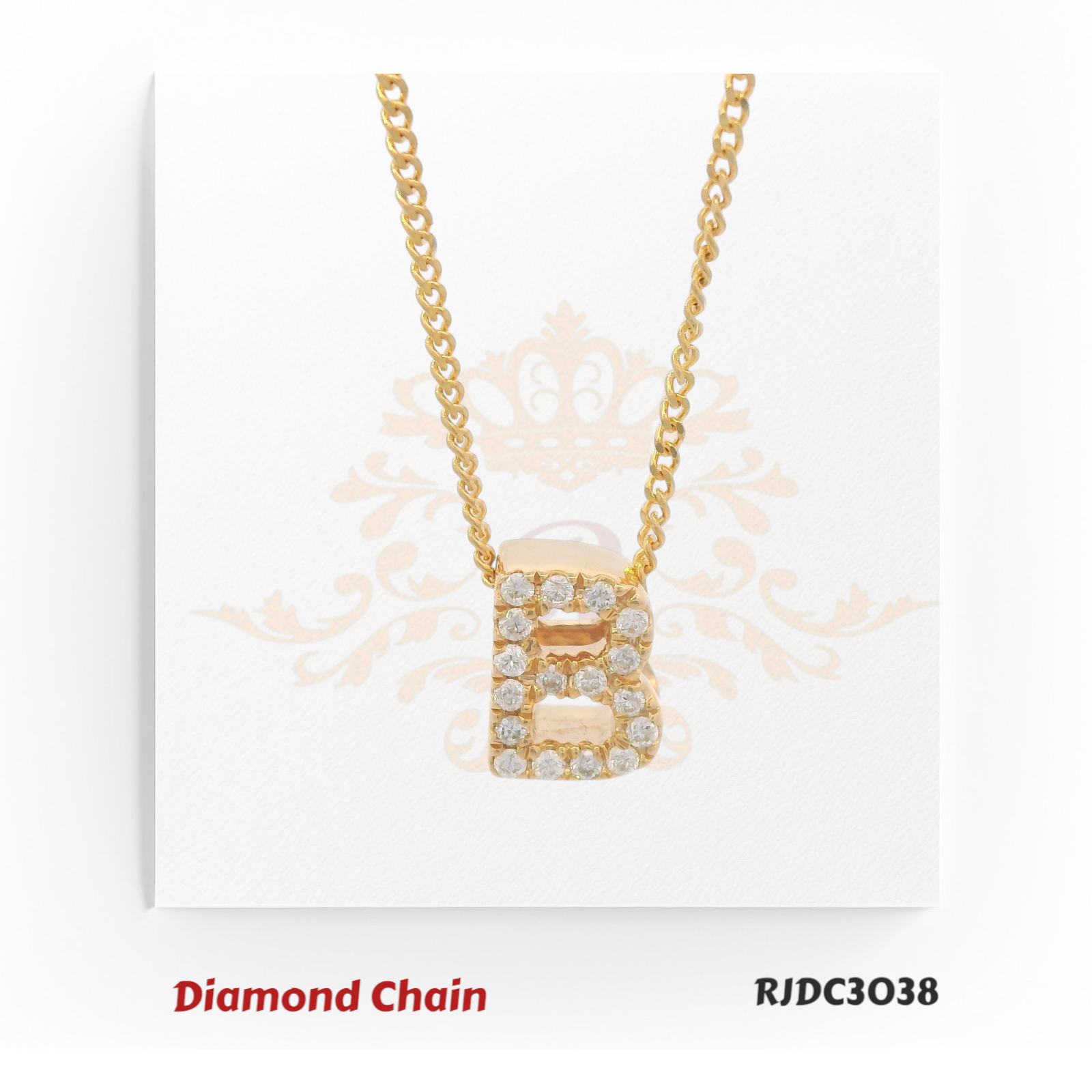 Exquisite yellow gold necklace showcasing a “B”-shaped pendant, lavishly adorned with sparkling round-cut diamonds. Suspended from a classic gold chain, model RJDC3038 captures timeless beauty and refined style.