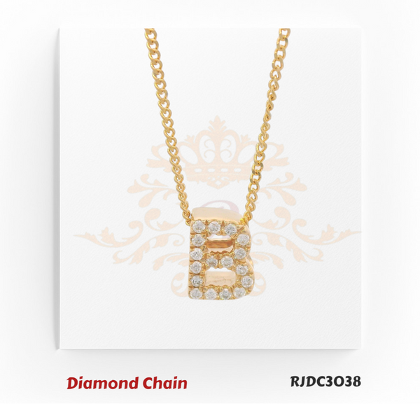 Exquisite yellow gold necklace showcasing a “B”-shaped pendant, lavishly adorned with sparkling round-cut diamonds. Suspended from a classic gold chain, model RJDC3038 captures timeless beauty and refined style.