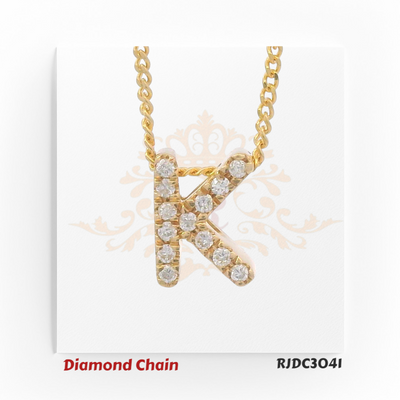 Dazzling yellow gold diamond chain featuring a pendant in the shape of the letter "K", fully encrusted with sparkling round-cut diamonds. The pendant hangs from a twisted rope-style gold chain, displayed on a clean white background with an elegant crown and floral watermark. Model number RJDC3041 is shown at the bottom.