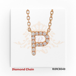 Refined rose gold diamond chain showcasing a pendant in the shape of the letter "P", embellished with sparkling round-cut diamonds. The pendant is suspended from a delicate rose gold link chain and set against a white background with a graceful crown and floral motif. Model number RJDC3043 is displayed at the bottom.