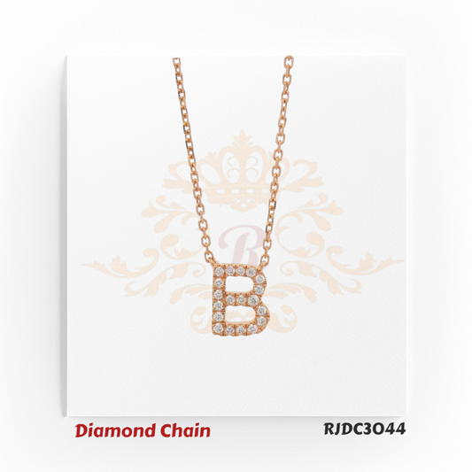 Stunning rose gold diamond necklace with a striking “B”-shaped pendant, fully adorned with sparkling round-cut diamonds. Paired with a matching rose gold link chain, model RJDC3044 exudes elegance and modern flair.