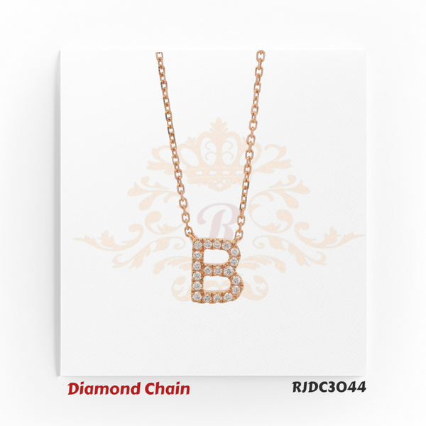 Stunning rose gold diamond necklace with a striking “B”-shaped pendant, fully adorned with sparkling round-cut diamonds. Paired with a matching rose gold link chain, model RJDC3044 exudes elegance and modern flair.