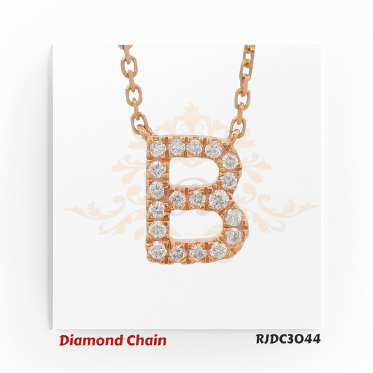 Rose gold diamond chain featuring a bold pendant in the shape of the letter "B", encrusted with brilliant round-cut diamonds. Suspended from a rose gold link chain and set against a white background with a regal crown and floral motif. Model number RJDC3044.