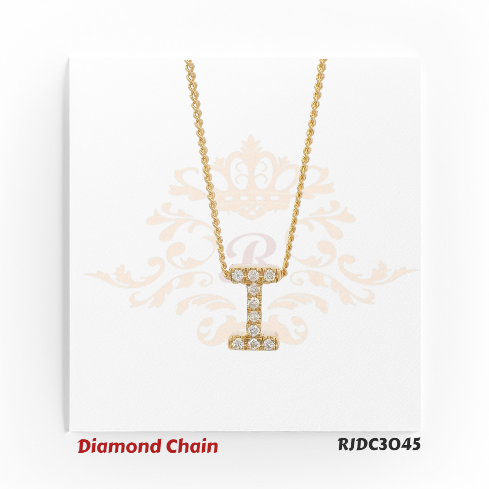 Elegant yellow gold diamond necklace showcasing a dazzling “I”-shaped pendant set with brilliant round-cut diamonds. Suspended from a twisted rope gold chain, model RJDC3045 radiates timeless charm and sophistication.