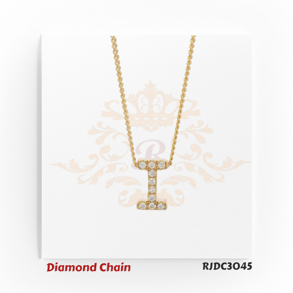Elegant yellow gold diamond necklace showcasing a dazzling “I”-shaped pendant set with brilliant round-cut diamonds. Suspended from a twisted rope gold chain, model RJDC3045 radiates timeless charm and sophistication.