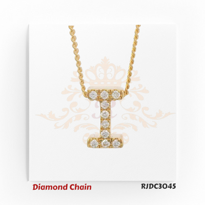 Classic yellow gold diamond chain with a pendant shaped like the letter "I", encrusted with shimmering round-cut diamonds. The pendant is attached to a twisted rope-style gold chain, presented on a white background with a regal crown and floral design. Model number RJDC3045 is shown at the bottom.