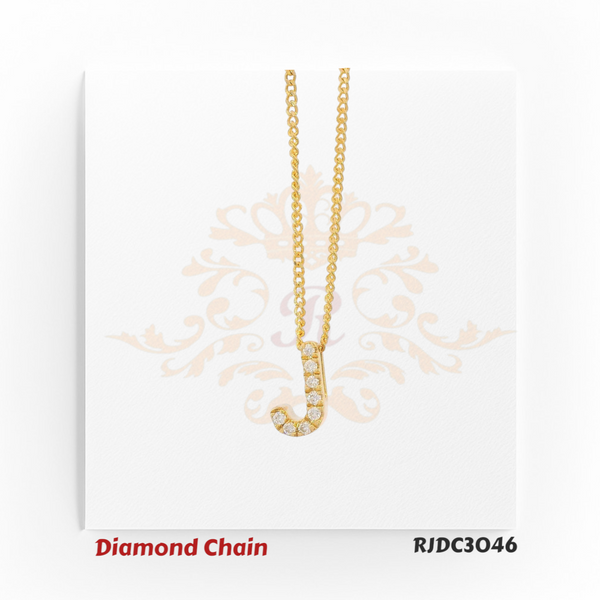 Radiant yellow gold diamond chain with a letter “J” pendant, elegantly set with round-cut diamonds and paired with a twisted gold rope chain. Model RJDC3046.