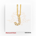 Radiant yellow gold diamond chain featuring a pendant shaped like the letter "J", beautifully adorned with round-cut diamonds. The pendant is attached to a twisted gold rope chain and displayed against a white background with a graceful crown and floral motif. Model number RJDC3046 is shown at the bottom.