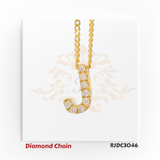 Radiant yellow gold diamond chain featuring a pendant shaped like the letter "J", beautifully adorned with round-cut diamonds. The pendant is attached to a twisted gold rope chain and displayed against a white background with a graceful crown and floral motif. Model number RJDC3046 is shown at the bottom.