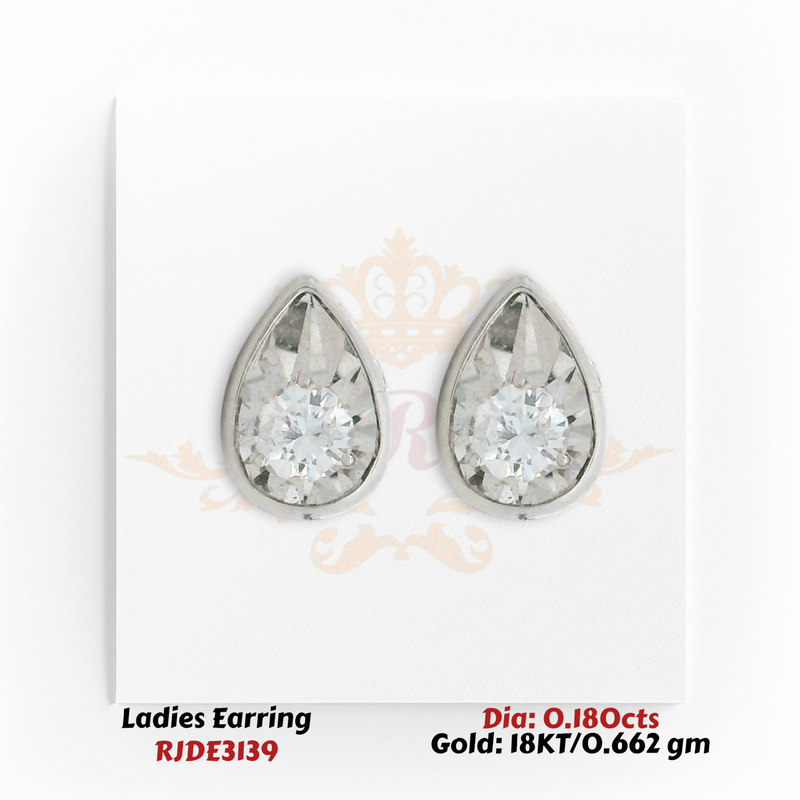 18KT gold pear-shaped bezel stud earrings with round center diamonds totaling 0.180 carats in a teardrop design