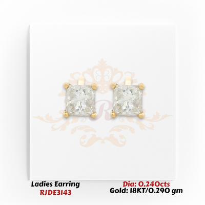 18KT gold princess-cut square diamond stud earrings totaling 0.240 carats in a four-prong solitaire setting