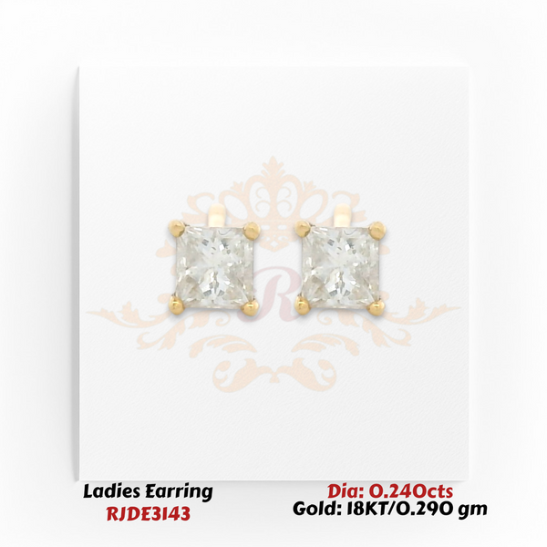 18KT gold princess-cut square diamond stud earrings totaling 0.240 carats in a four-prong solitaire setting