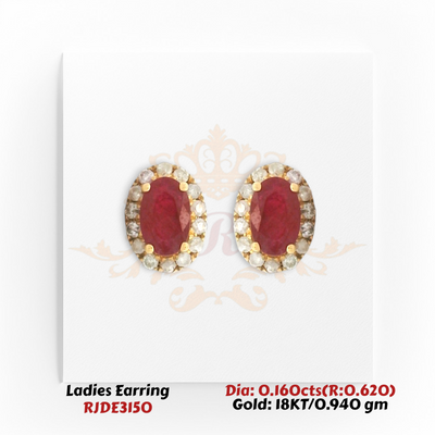 18KT gold ruby and diamond halo stud earrings with oval ruby center and round diamond halo totaling 0.780 carats