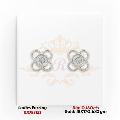 18KT gold floral diamond stud earrings with round center diamonds totaling 0.180 carats in an open-petal design
