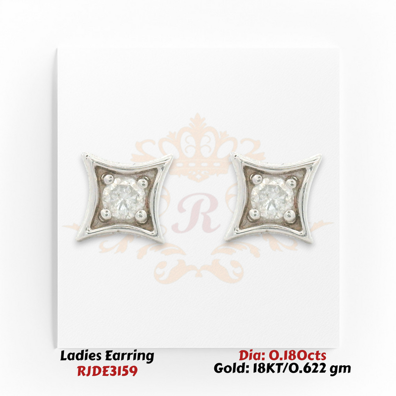 18KT gold square diamond stud earrings with round center diamonds totaling 0.180 carats in a curved frame design