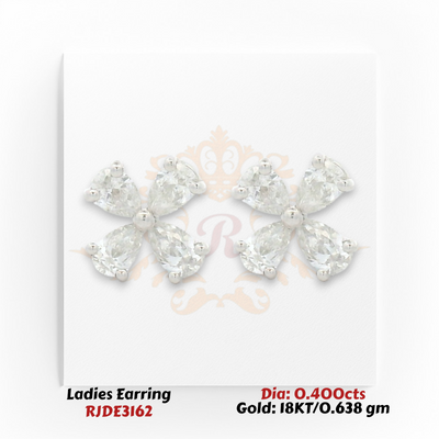18KT gold floral stud earrings with four pear-shaped diamonds totaling 0.400 carats in a petal cluster design