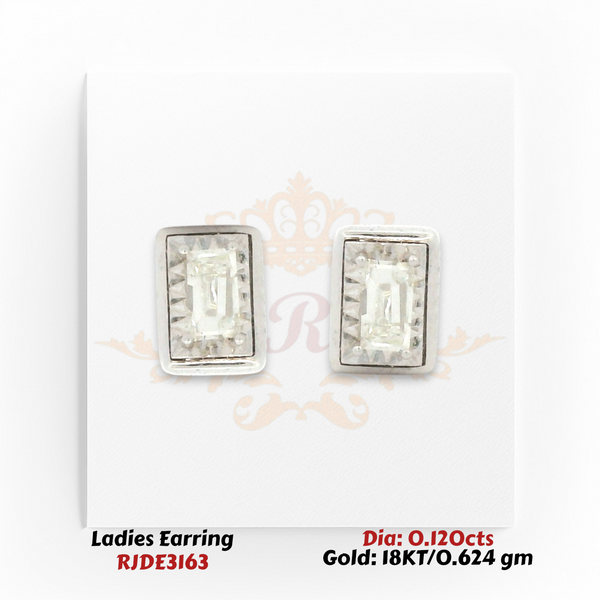 18KT gold rectangular stud earrings with emerald-cut center diamonds totaling 0.120 carats in a classic frame design