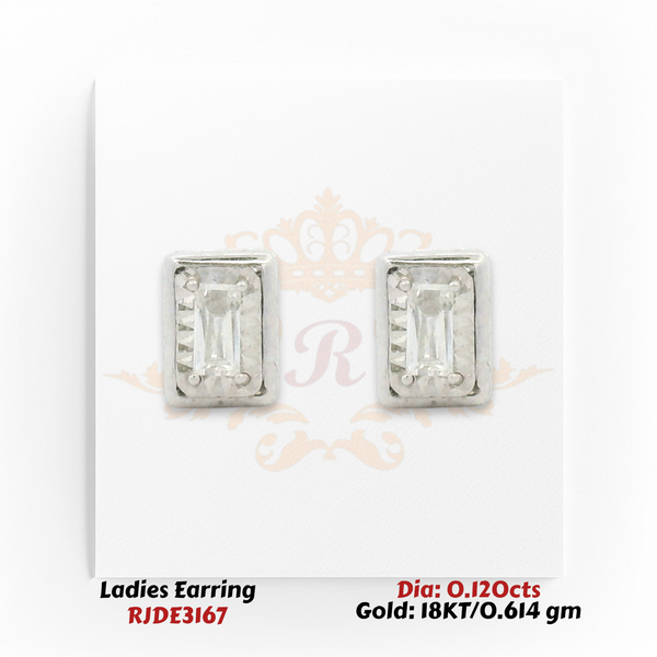 18KT gold rectangular stud earrings with baguette-cut diamonds totaling 0.120 carats in a sleek modern design