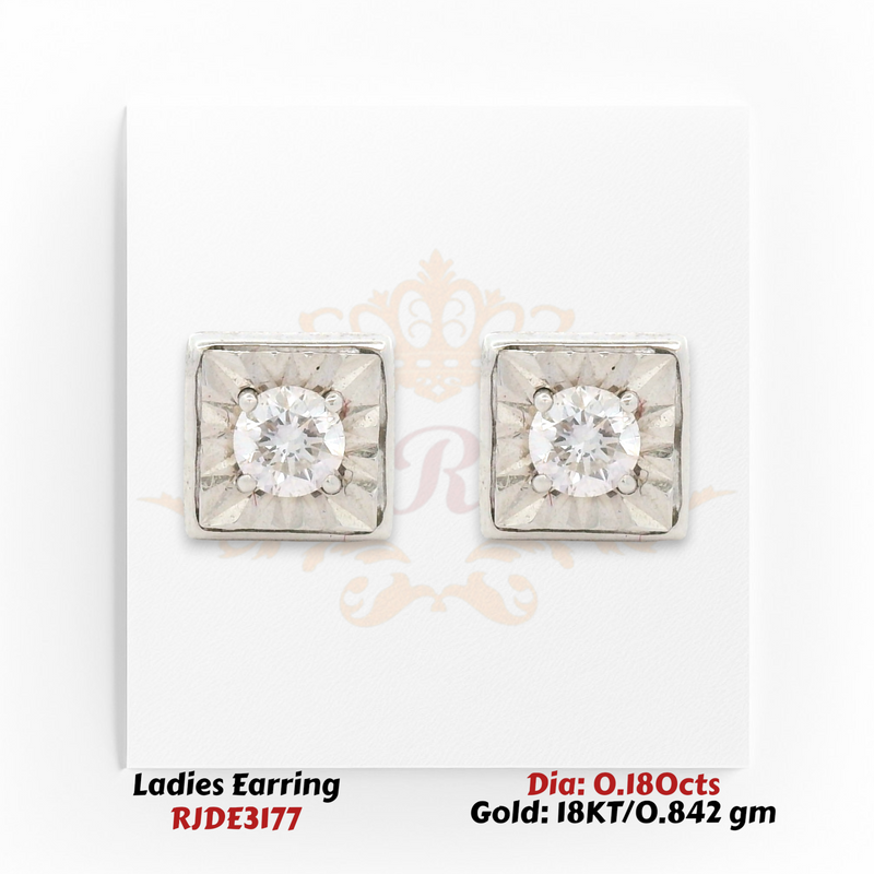18KT gold square diamond stud earrings with round center diamonds totaling 0.180 carats in a sunburst design