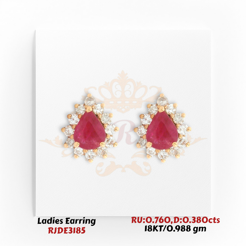 18KT gold pear ruby and diamond halo stud earrings 0.760ct ruby 0.380ct diamond RJDE3185 Regal Jewels Chicago