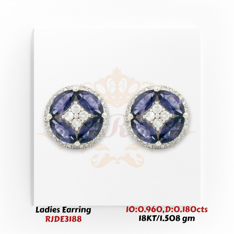 18KT gold iolite and diamond halo stud earrings 0.960ct iolite 0.180ct diamond RJDE3188 Regal Jewels Chicago
