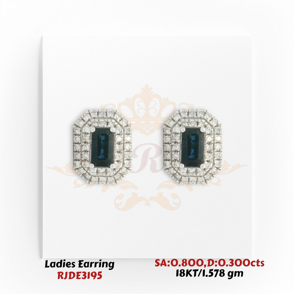 18KT gold emerald cut sapphire and diamond halo stud earrings 0.800ct sapphire 0.300ct diamond RJDE3195 Regal Jewels Chicago