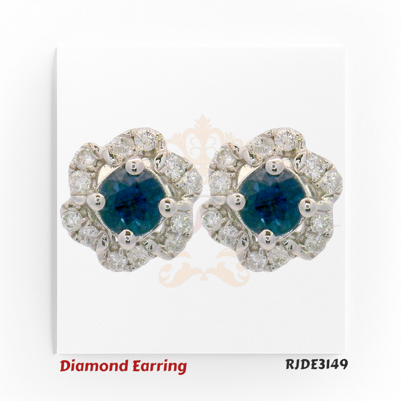 Pair of 18kt white gold floral earrings with round blue sapphire centers surrounded by sparkling diamonds totaling 0.160ct – Code RJDE3149