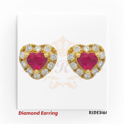 Heart-shaped ruby stud earrings surrounded by sparkling round diamonds in 18kt yellow gold – RJDE3161
