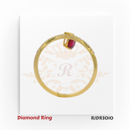 Elegant 18kt yellow gold ring featuring a V-shaped diamond band accented with a dangling pear-cut ruby – RJDR3010.