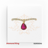 18kt yellow gold ring with a V-shaped diamond band and hanging pear-cut ruby – RJDR3010