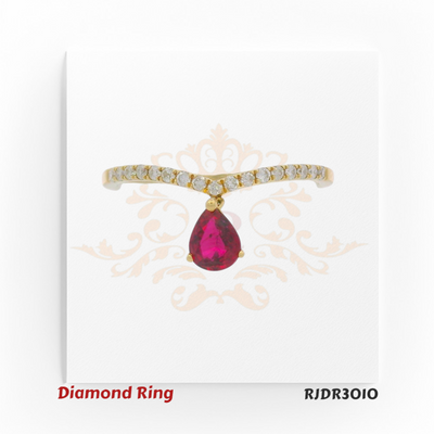 Stylish 18kt yellow gold design with a sparkling V-shaped diamond band, highlighted by a suspended pear-cut ruby – RJDR3010.