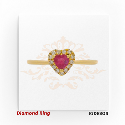 18kt yellow gold ring featuring a heart-shaped ruby surrounded by a diamond halo – RJDR3011