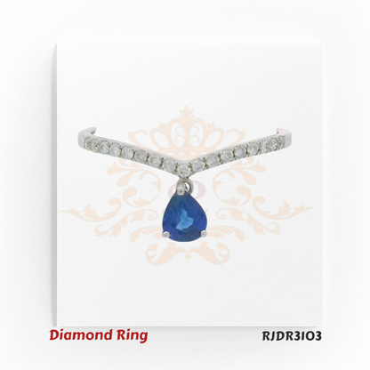 18kt white gold V-band ring with pear-shaped sapphire drop and round diamond accents – RJDR3103