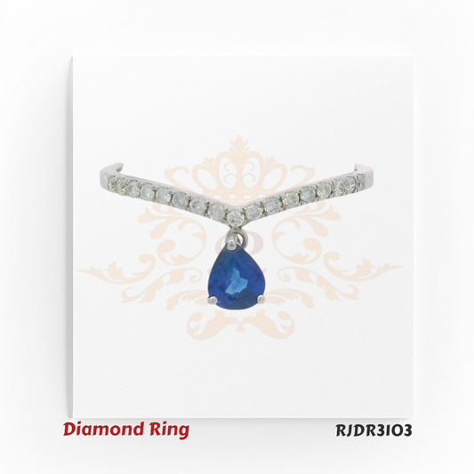 18kt white gold V-band ring with pear-shaped sapphire drop and round diamond accents – RJDR3103