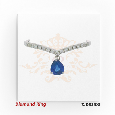 18kt white gold V-band ring with pear-shaped sapphire drop and round diamond accents – RJDR3103